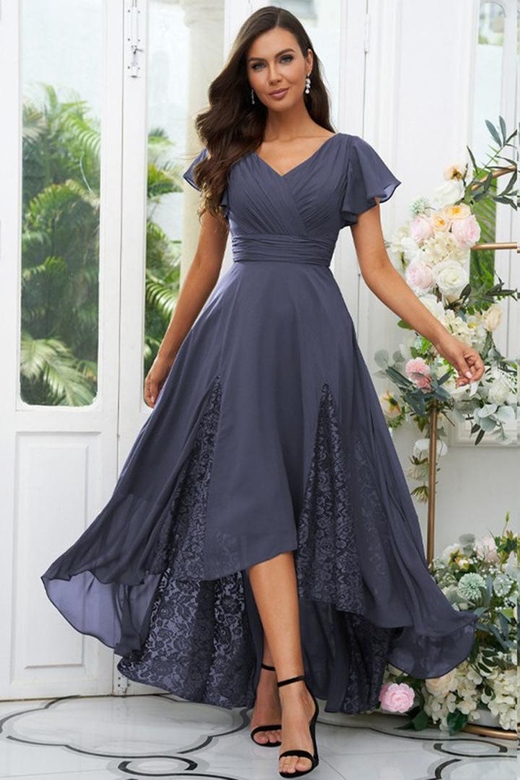 V-Neck Cap Sleeves Lace Chiffon A-Line Midi Bridesmaid Party Dress