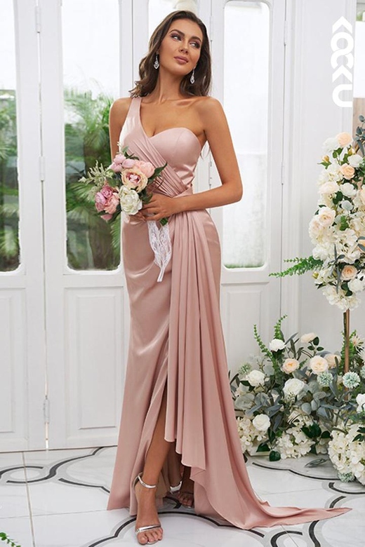 One Shoulder Ruched Satin Sheath Long Bridesmaid Gown