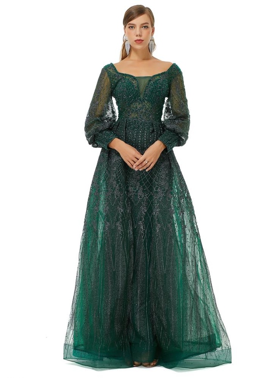 A-Line Square Neckline Sequined Floor-Length Long Sleeve Open Back Lace Prom Dress