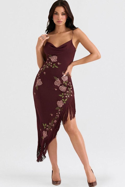 Vintage Burgundy Floral Embroidered Fringe Sleeveless Cocktail Party Midi Dress