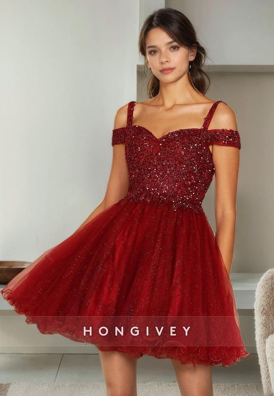 Chic Tulle A-Line Off-Shoulder Beaded Appliques Short Homecoming