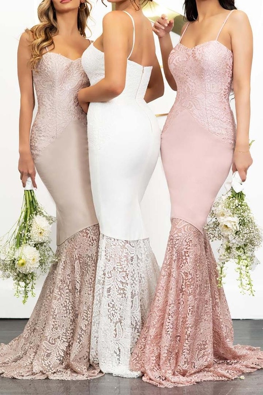 Lace Appliqued Satin Mermaid Long Bridesmaid Dress with Sweetheart