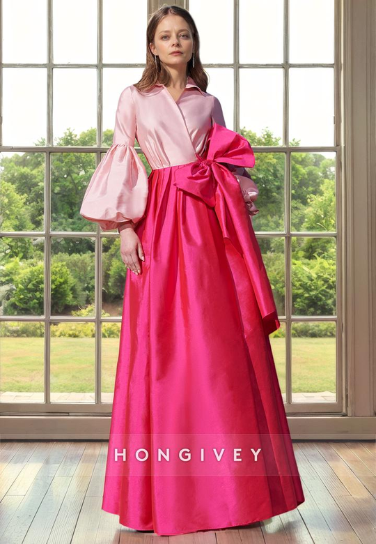 Satin A-Line V-Neck Long Sleeve Bowknot Mother of the Bride Dress