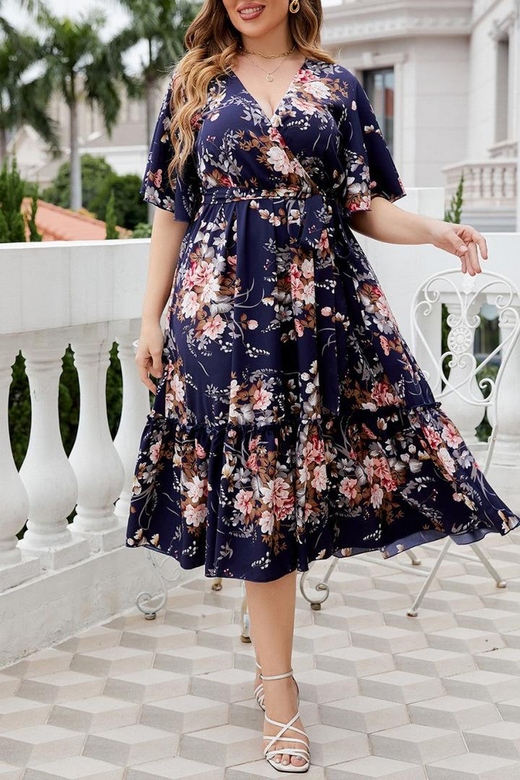 Casual Print Frenulum V-Neck A-Line Plus Size Dresses