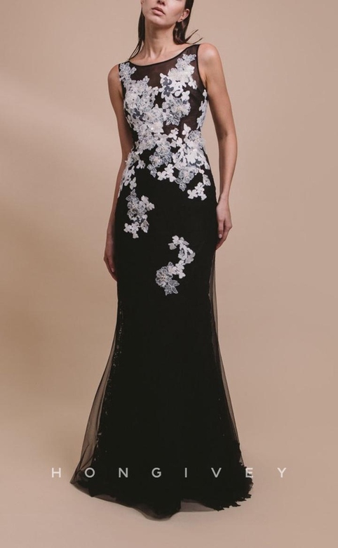 Chic Modern Black Illusion Train Scoop Sleeveless Appliques Wedding Dress