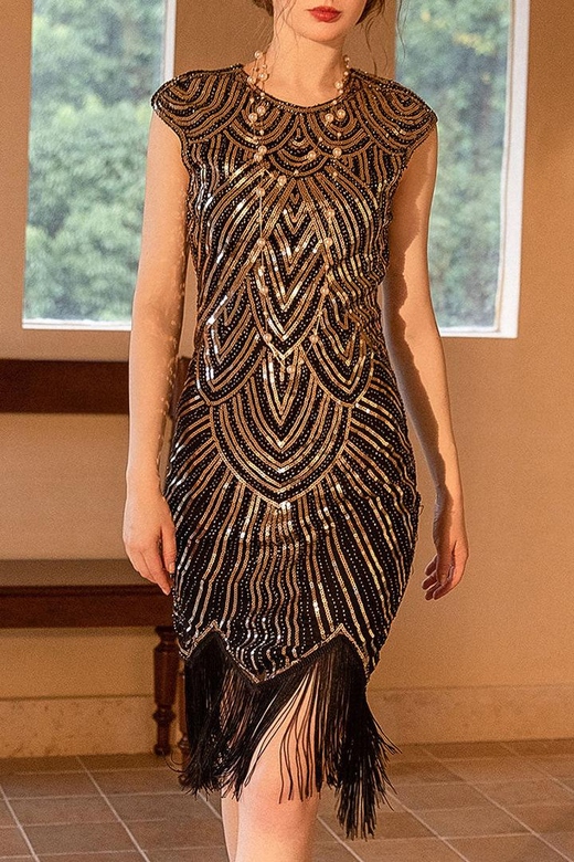 1920s Gatsby Gold Round Neck Fitted Sequin Fringe Flapper Midi Dress