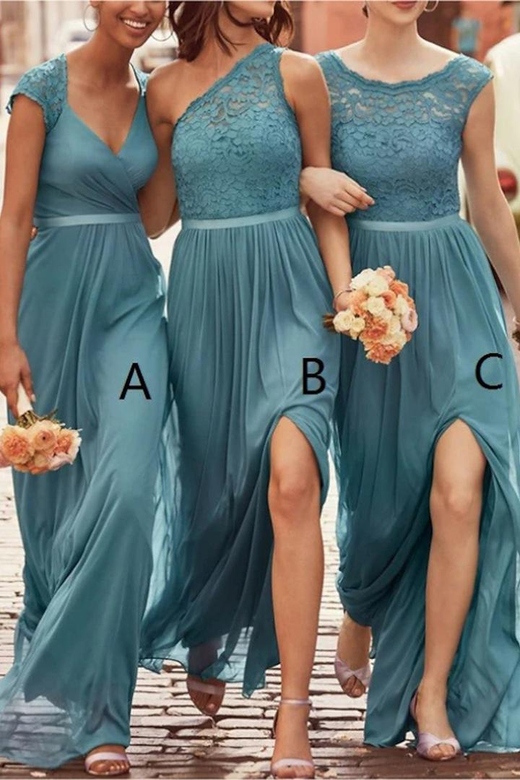 Peacock Blue Mismatched Lace Ruched Satin A-Line Bridesmaid Gown