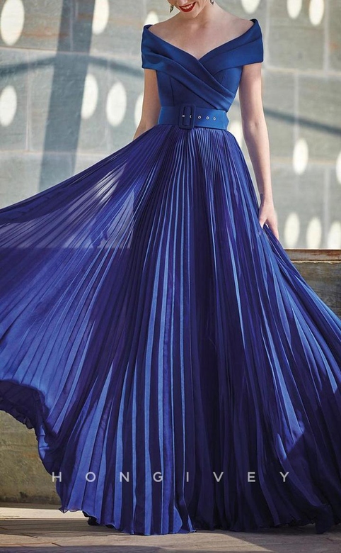 Seductive Satin A-Line Off-Shoulder Ruched Belt Floor-Length Gown