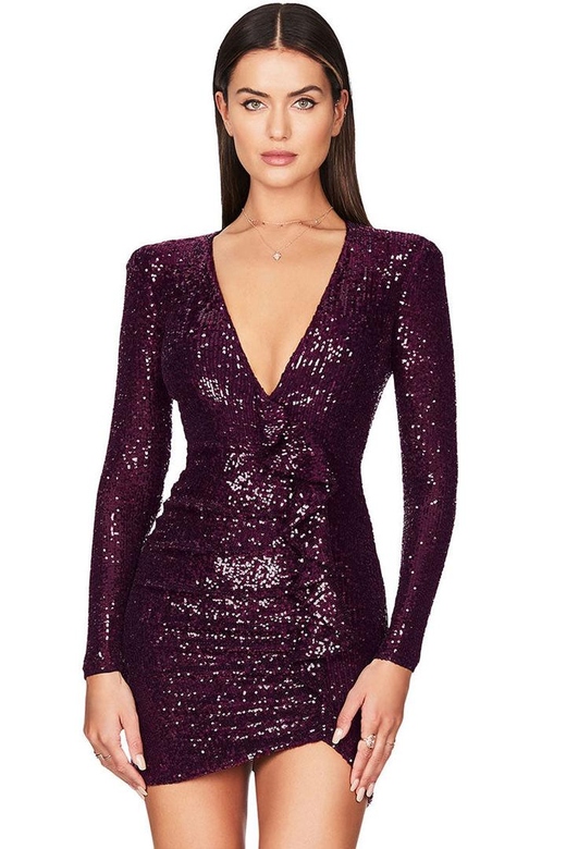 Sparkly Burgundy Galaxy Long Sleeve Ruffle Deep V Sequin Mini Dress