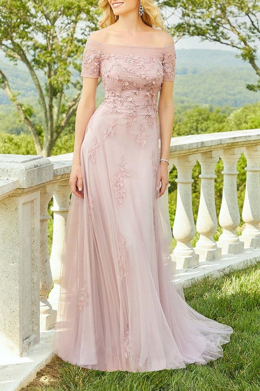 Off-Shoulder Appliqued Tulle A-Line Mother of the Bride Dress