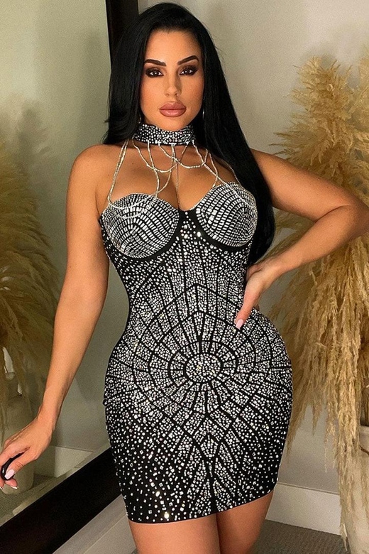 Black Sparkly Rhinestone Chain Halter Sweetheart Bodycon Party Mini Dress