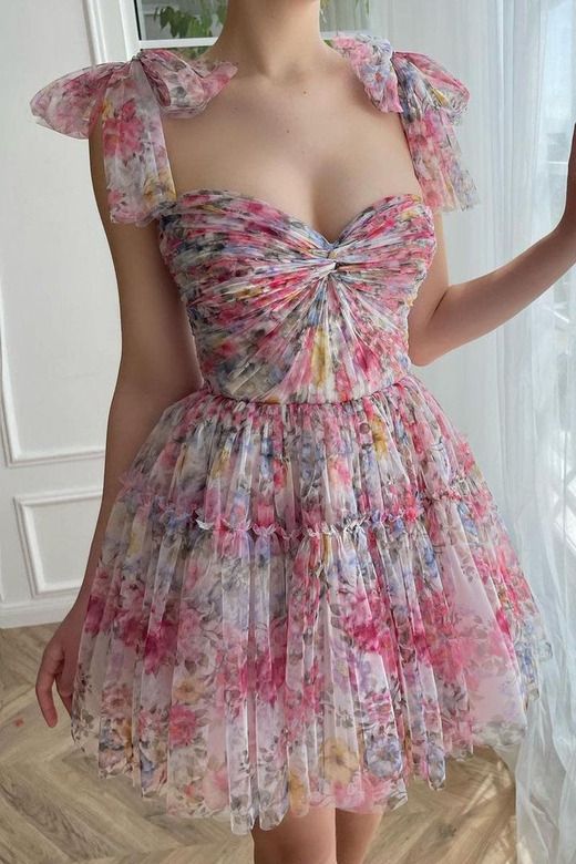 Floral Sweetheart Print Ruched Chiffon A-Line Mini Homecoming Gown