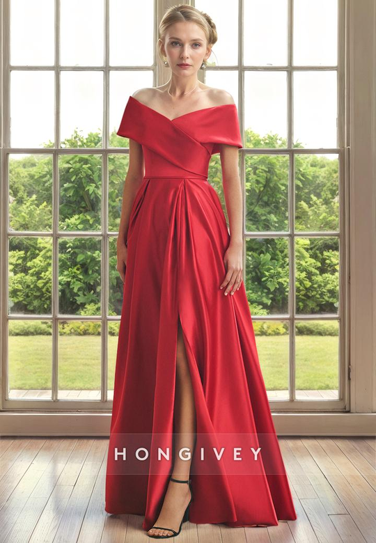 Satin A-Line Off-Shoulder with Side Slit Mother of the Bride Dress