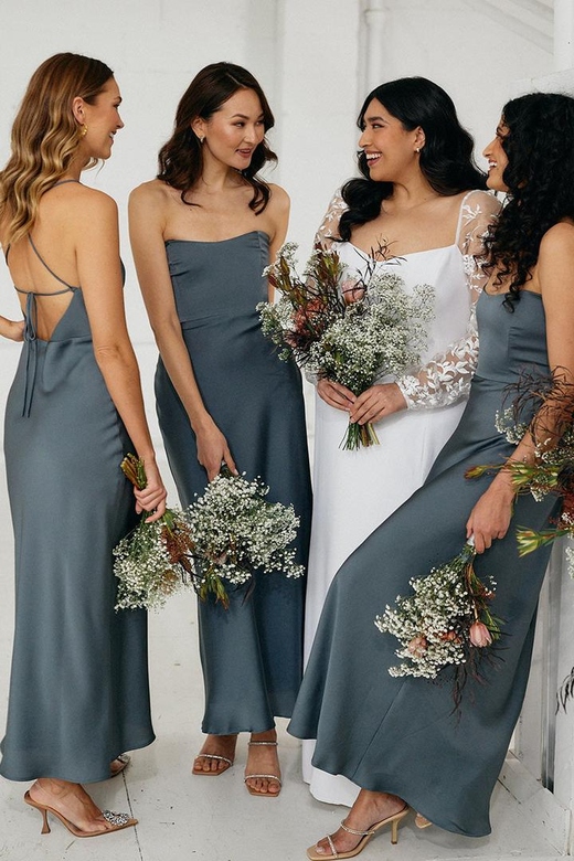 Simple Strapless Satin Sheath Long Bridesmaid Gown