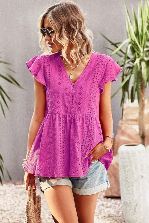 Fuchsia Cap Sleeves Lace V-Neck Blouse for Women