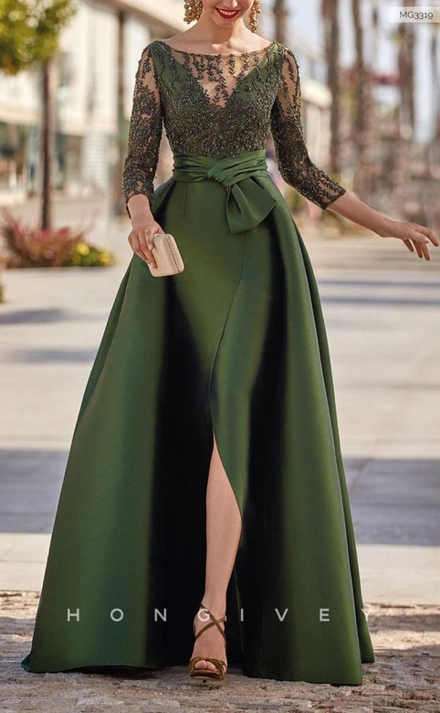 Glamorous Satin A-Line Scoop Lace Beaded 3/4 Sleeves Side Slit Gown