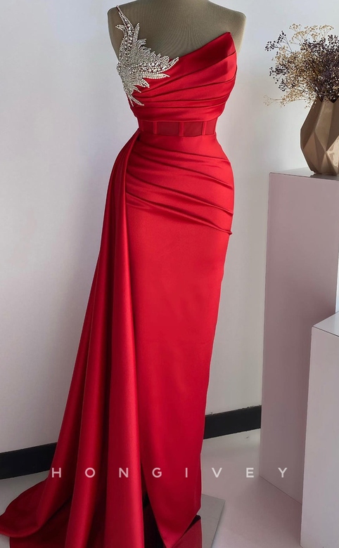 Satin Sheath One Shoulder Ruched Beaded Dress with Side Slit