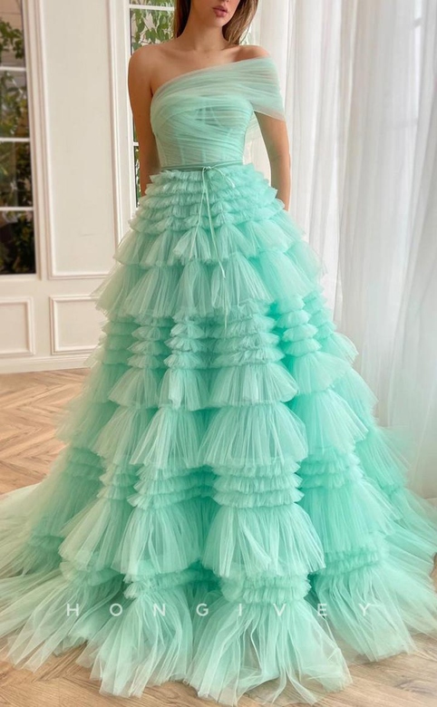 Sexy Tulle A-Line Illusion One Shoulder Tiered Gown