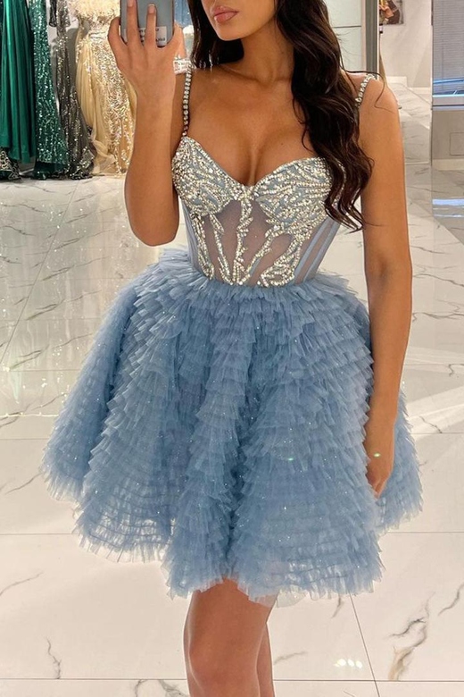 Sweetheart Bodice Beaded Sheer Tulle A-Line Mini Homecoming Gown