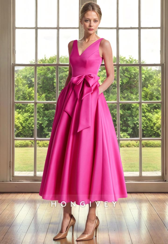 A-Line V-Neck Sleeveless Empire Waist Bowknot Satin Mother of the Bride Dress