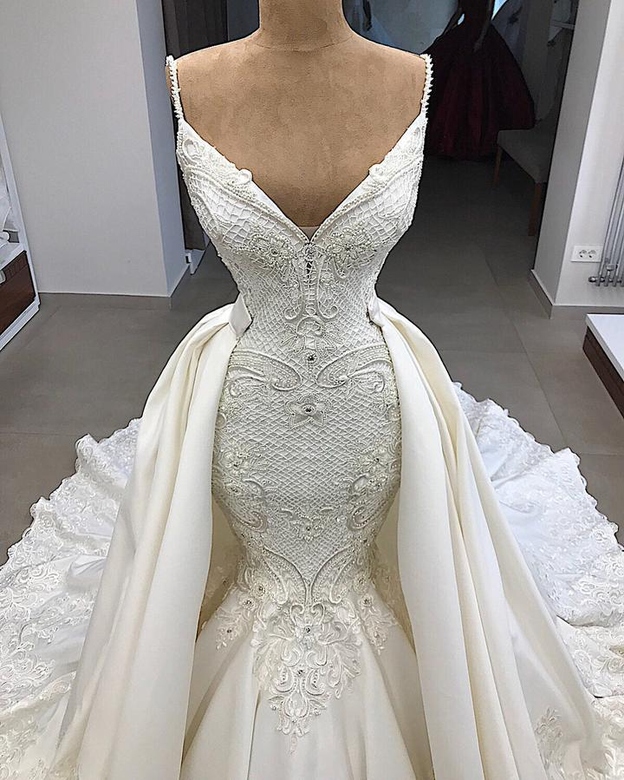 Unique Cap Sleeves V-Neck Mermaid Wedding Dress