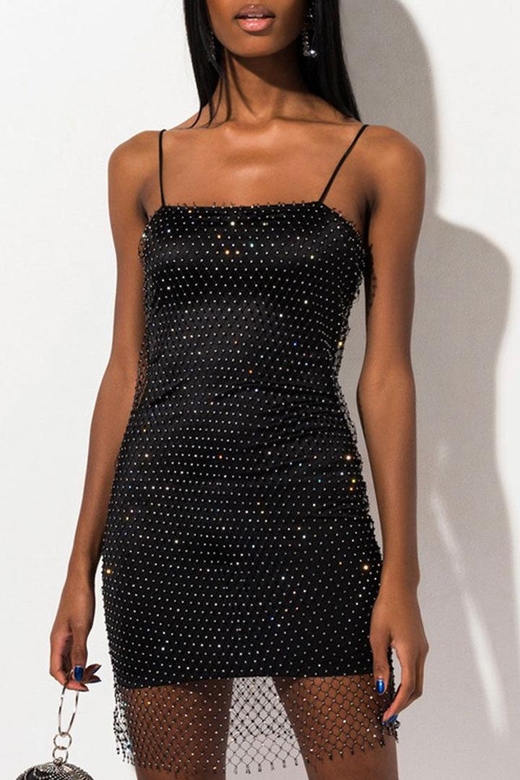 Black Rhinestone Embellished Spaghetti Strap Dress