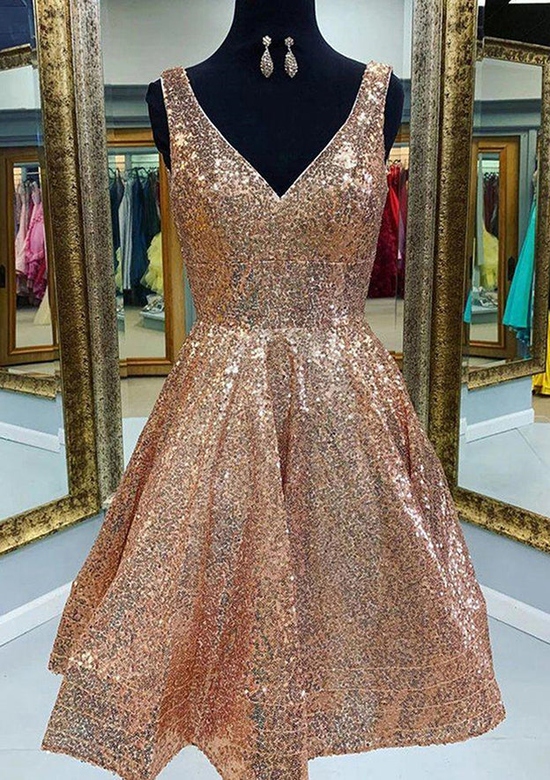 A-Line V-Neck Sleeveless Sequins Knee-Length Homecoming Dress for Sparkle