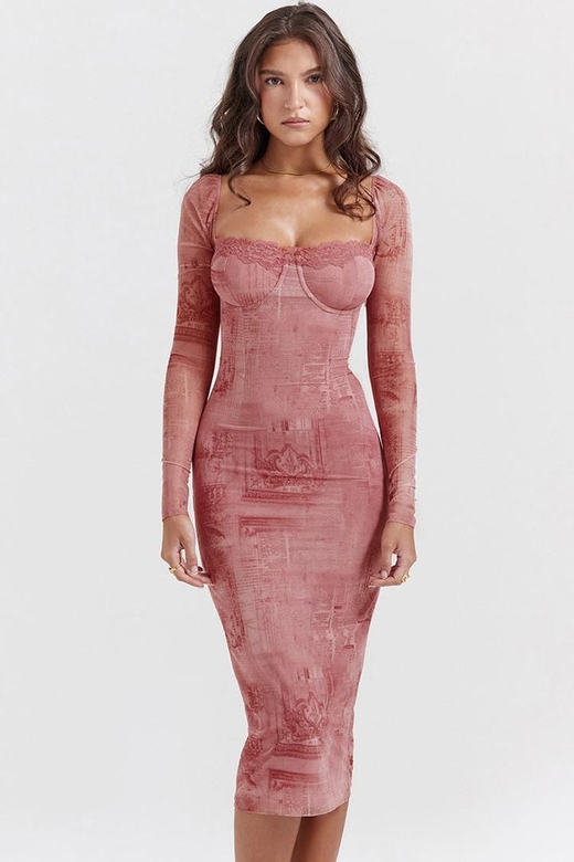 Pink Sexy Sweetheart Lace Up Back Bodycon Printed Cocktail Party Midi Dress