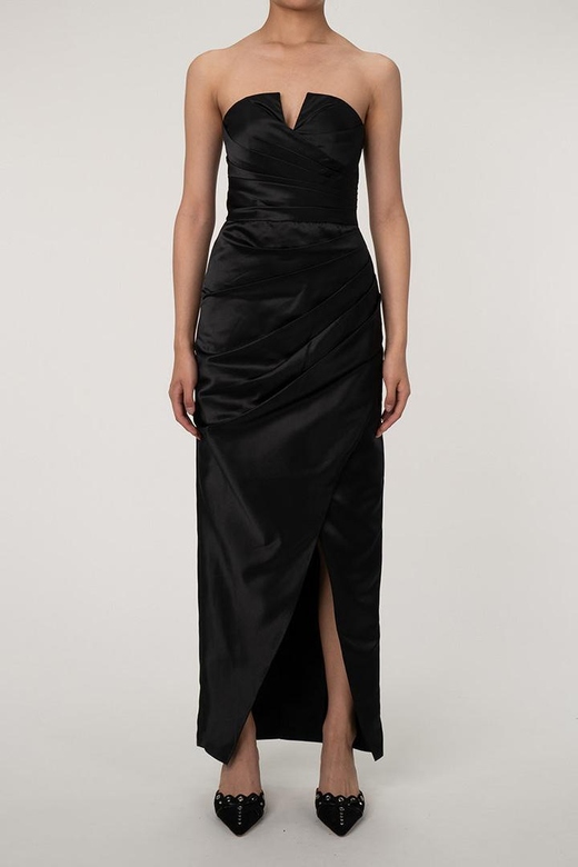 Silky Black Notch V Strapless Draped Cocktail Party Midi Dress