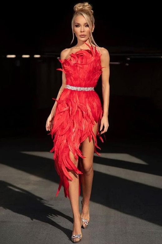 Sparkly Red Crystal One Shoulder High Slit Feather Midi Dress