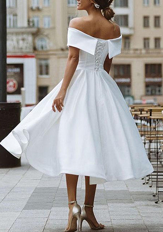 A-Line Off-the-Shoulder Satin Tea-Length Homecoming Dress with Pleated Ruffles