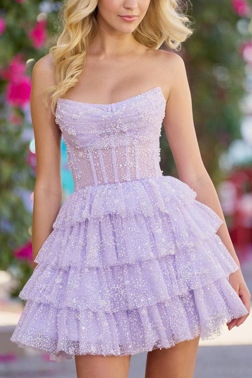 Strapless Bodice Ruched Sheer Tulle A-Line Mini Homecoming Gown