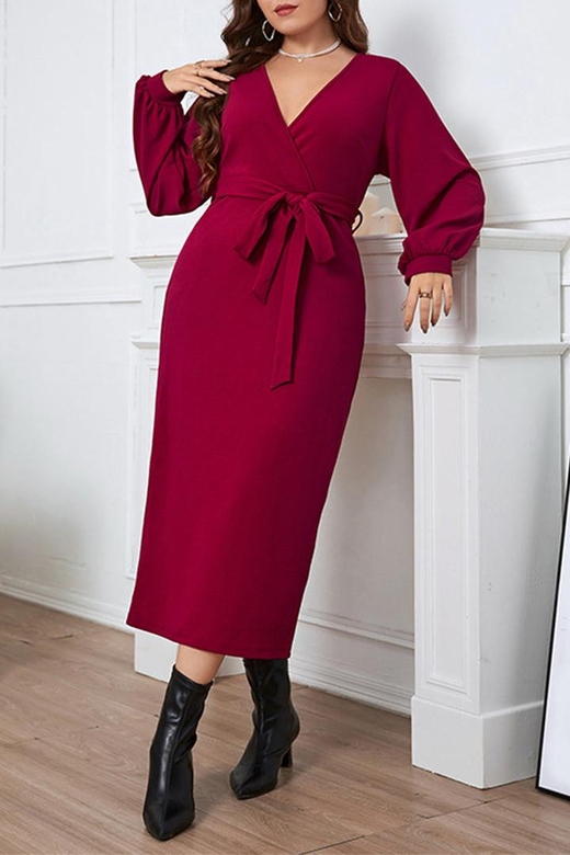 Elegant Solid Bandage V-Neck A-Line Plus Size Dresses