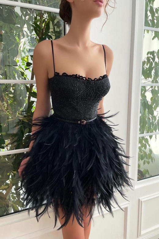 Spaghetti Straps Feather Satin A-Line Mini Homecoming Dress