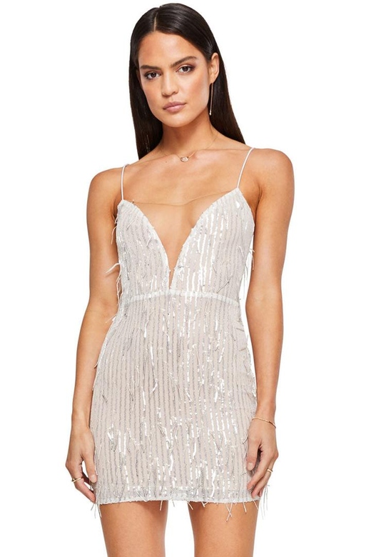 Silver Sparkly Mesh Deep V Spaghetti Strap Sequin Fringe Mini Dress