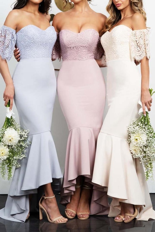 Sweetheart Off-Shoulder Lace Satin Mermaid Midi Bridesmaid Gown