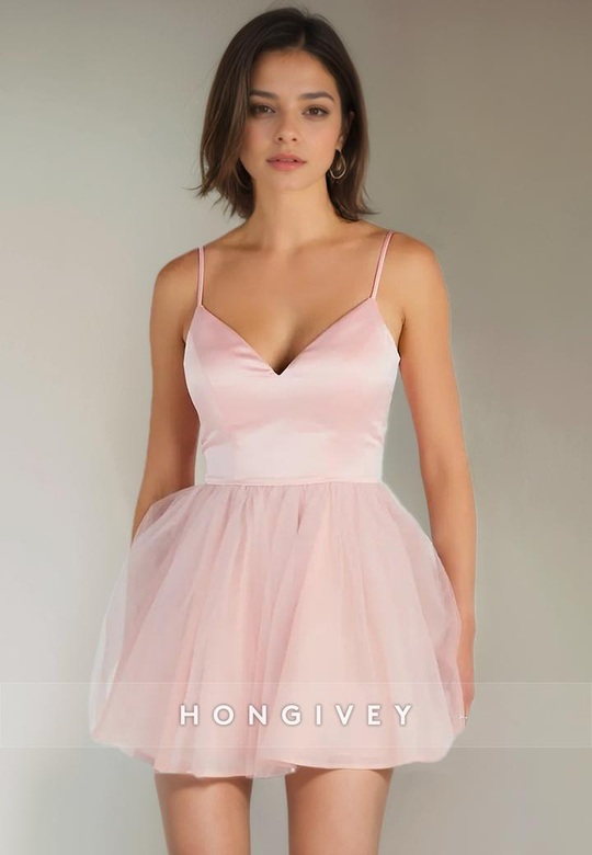 V-Neck Spaghetti Straps Tulle A-Line Short Party Homecoming