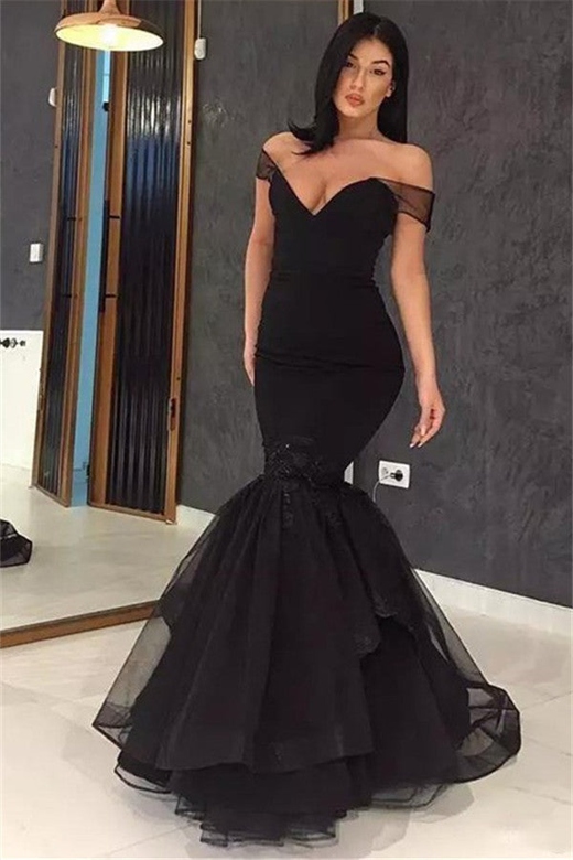 Black Off-the-Shoulder Applique Prom Dress, Ruffles & Mermaid Style