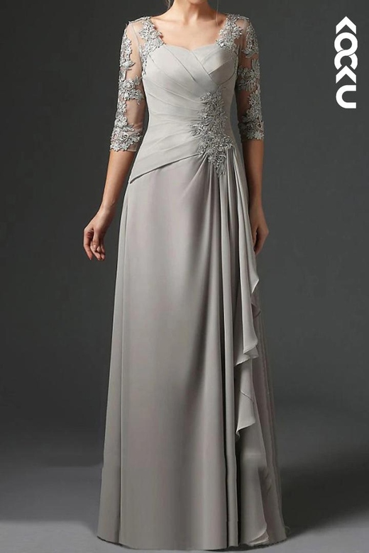 Couture & Elegant A-Line Long Sleeves Lace Applique Chiffon Mother of the Bride Dress