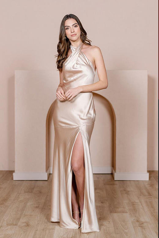 Spaghetti Straps Satin Sheath Long Bridesmaid Gown with Slit