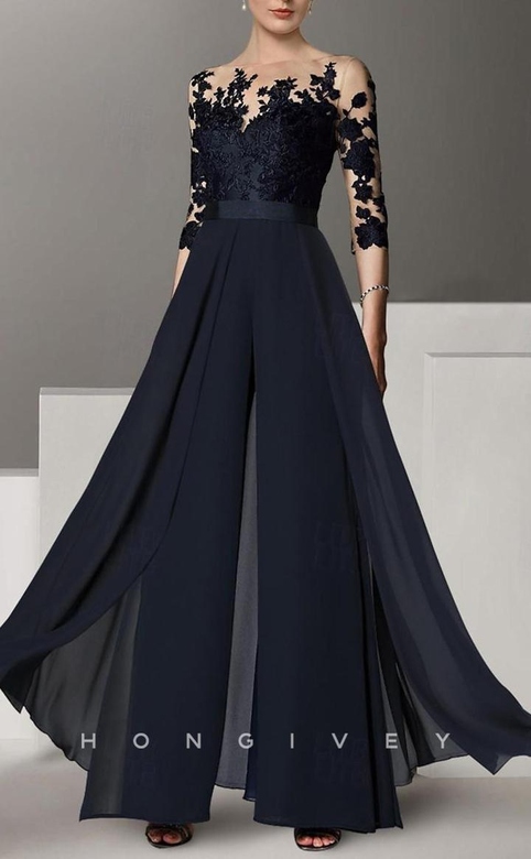 Chic Round 3/4 Sleeves Appliques Jumpsuit Detachable Train Gown