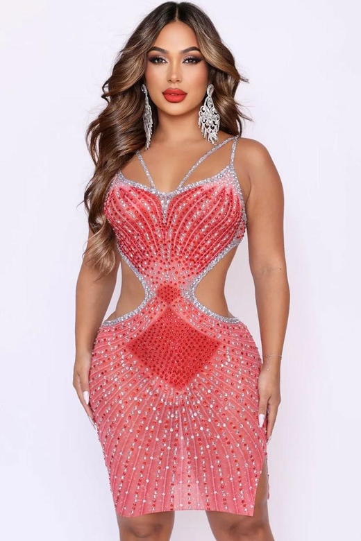 Red Sparkly Rhinestone V Neck Sheer Mesh Cutout Party Mini Dress