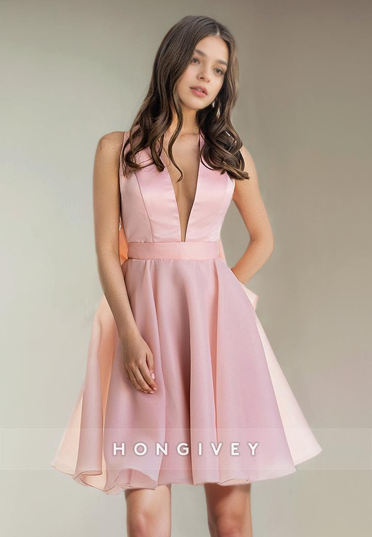 Casual Satin A-Line V-Neck Empire Waist Short Party Homecoming Dress