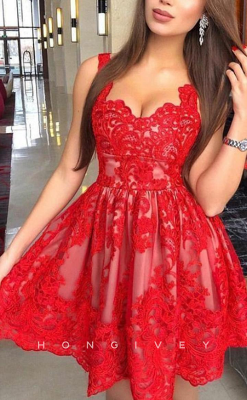 Bold Red A-Line Empire Appliques Asymmetrical Straps Short Party Gown