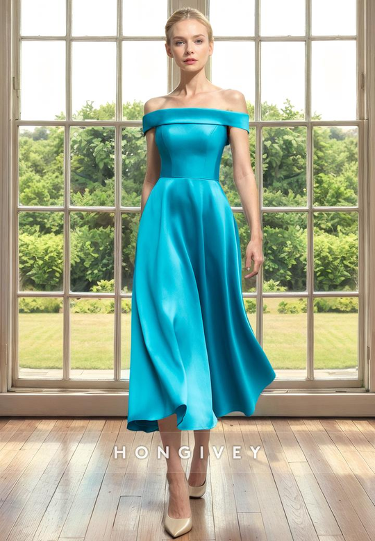 Satin A-Line Off-Shoulder Sleeveless Mother of the Bride Dress