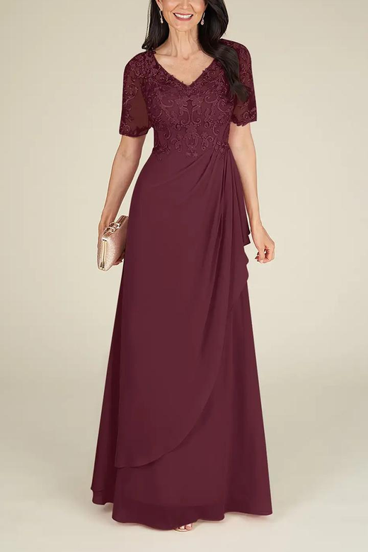 V-Neck Short Sleeves Appliqued Chiffon A-Line Mother of the Bride Dress