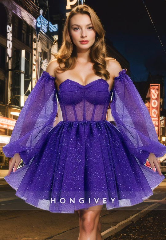 Chic Glitter Tulle A-Line Sheer Short Homecoming Party Dress