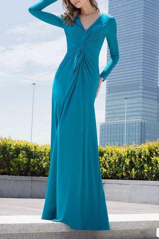 V-Neck Long Sleeves Ruched Satin Sheath Mother of Bride Gown