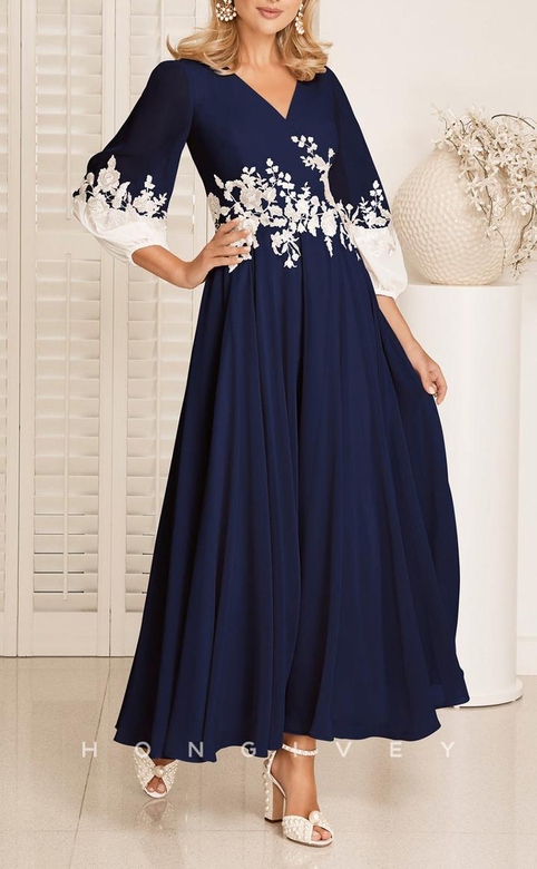 Elegant Satin A-Line V-Neck 3/4 Sleeves Appliques Mother's Gown