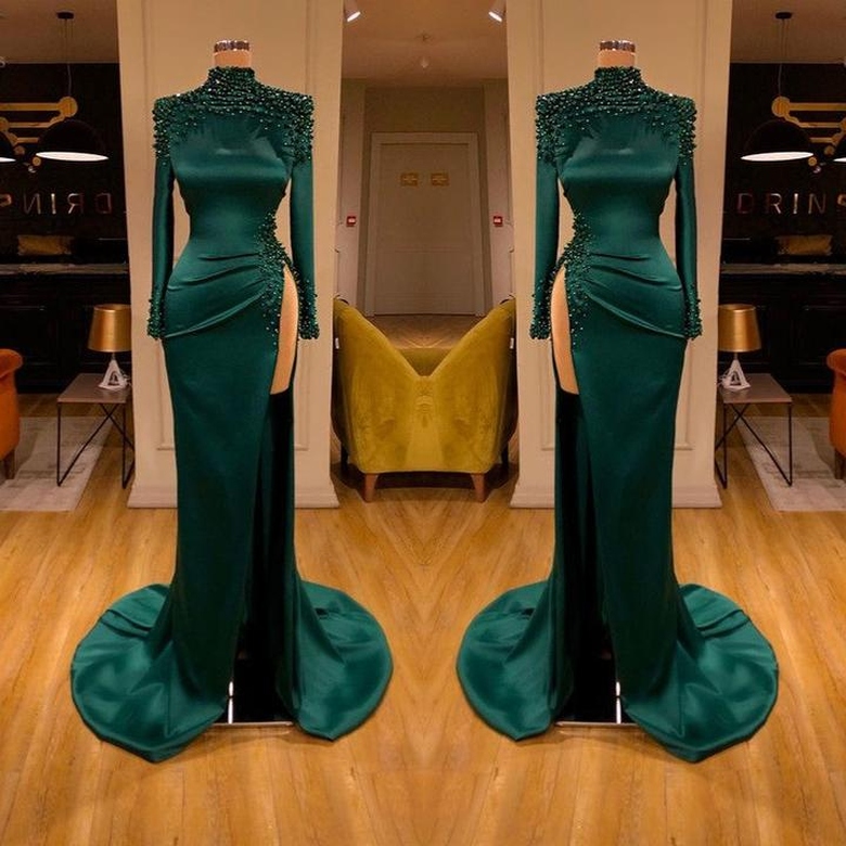 Dark Green Beadings Pearl Long Sleeves Mermaid Gown, Prom & Slit